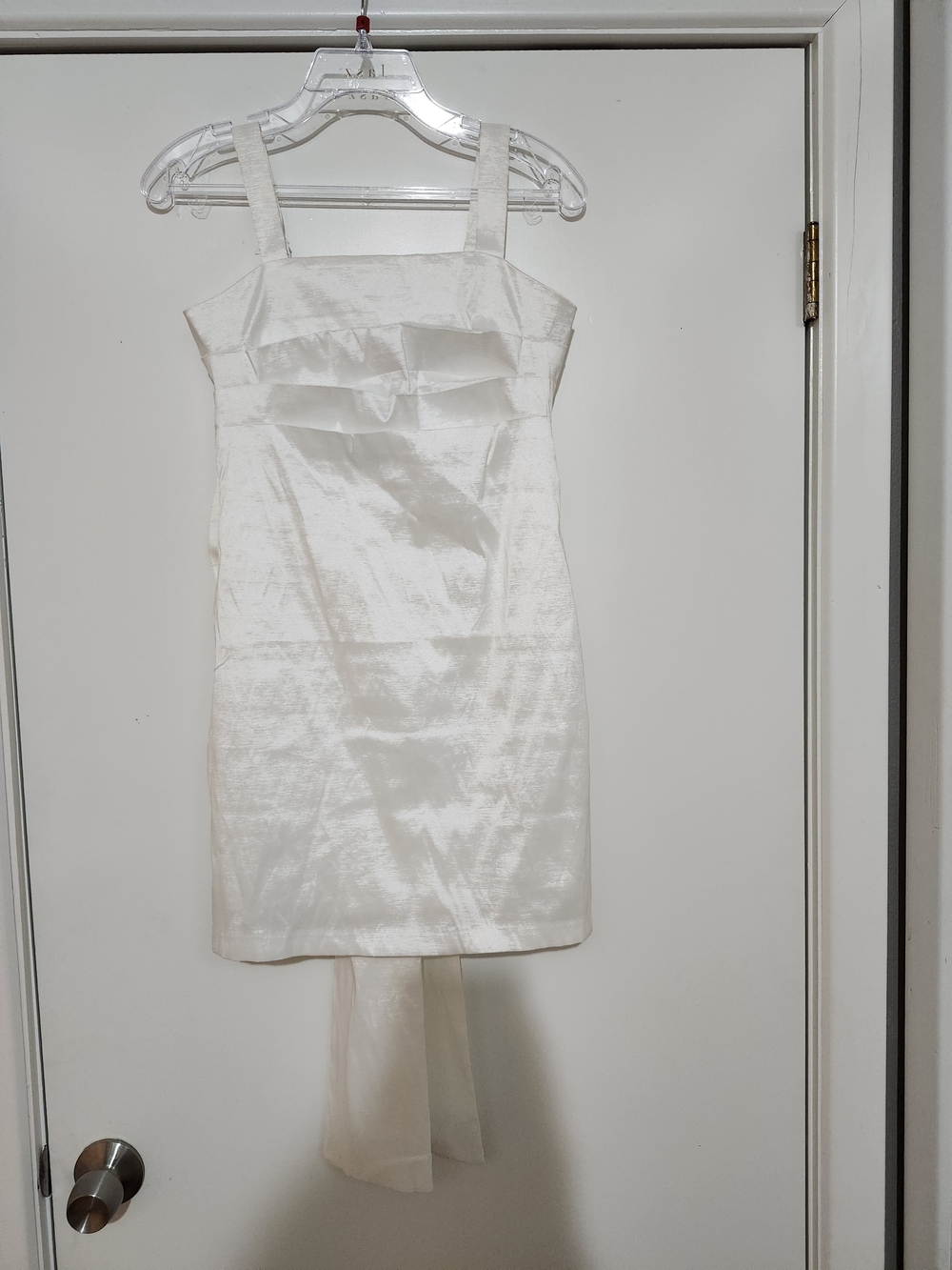 Lucky White Satin Sheath Dress with Back Bow Drape
